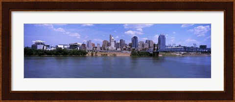 Framed Paul Brown Stadium with John A. Roebling Suspension Bridge along the Ohio River, Cincinnati, Hamilton County, Ohio, USA Print