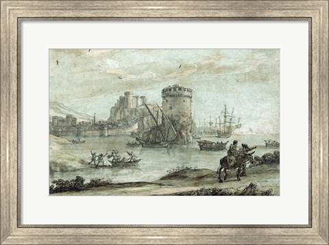 Framed Figures in a Landscape before a Harbor Print