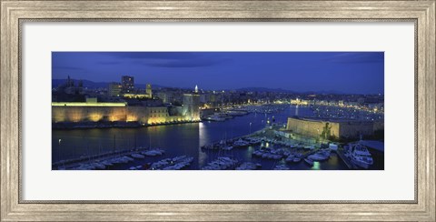 Framed Old Port at dusk, Marseille, Bouches-Du-Rhone, Provence-Alpes-Cote Daze, France Print