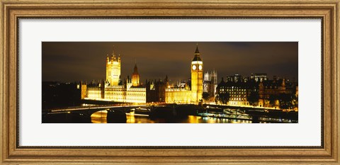 Framed Buildings lit up at night, Westminster Bridge, Big Ben, Houses Of Parliament, Westminster, London, England Print