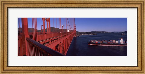 Framed Container ship passing under a suspension bridge, Golden Gate Bridge, San Francisco Bay, San Francisco, California, USA Print