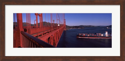 Framed Container ship passing under a suspension bridge, Golden Gate Bridge, San Francisco Bay, San Francisco, California, USA Print
