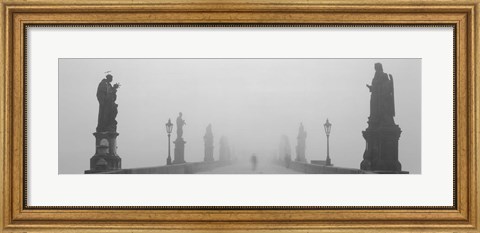 Framed Statues and lampposts on a bridge, Charles Bridge, Prague, Czech Republic (black and white) Print