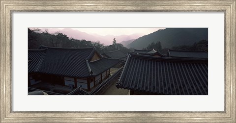 Framed Buddhist temple with mountain range in the background, Kayasan Mountains, Haeinsa Temple, Gyeongsang Province, South Korea Print