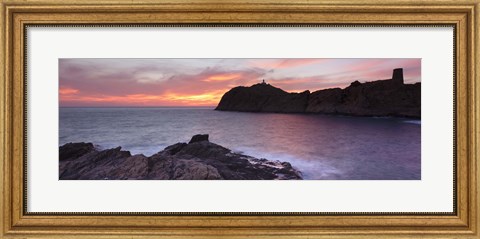 Framed Islands in the sea, La Pietra, Genoese Tower, Phare De La Pietra, L&#39;Ile-Rousse, Balagne, Corsica, France Print
