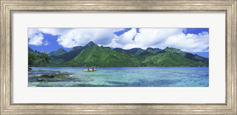 Framed Polynesian people rowing a yellow outrigger boat in the bay, Opunohu Bay, Moorea, Tahiti, French Polynesia Print