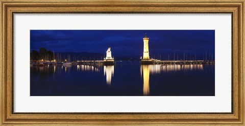 Framed Harbor at Night, Lindau, Lake Constance, Bavaria, Germany Print