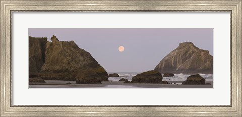 Framed Sea stacks and setting moon at dawn, Bandon Beach, Oregon, USA Print