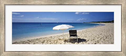 Framed Single Beach Chair And Umbrella On Sand, Saint Martin, French West Indies Print