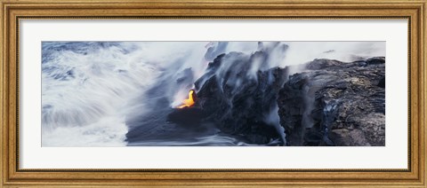 Framed High angle view of lava flowing into the Pacific Ocean, Volcano National Park, Hawaii, USA Print