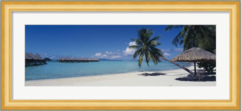 Framed Lounge chair under a beach umbrella, Moana Beach, Bora Bora, French Polynesia Print