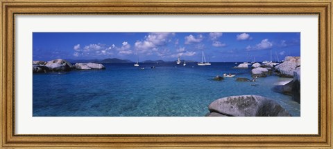 Framed Rocks at the coast with boats in the background, The Baths, Virgin Gorda, British Virgin Islands Print