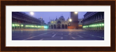 Framed Street lights lit up in front of a cathedral at sunrise, St. Mark&#39;s Cathedral, St. Mark&#39;s Square, Venice, Veneto, Italy Print