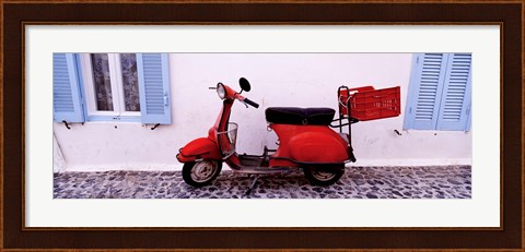 Framed Motor scooter parked in front of a building, Santorini, Cyclades Islands, Greece Print