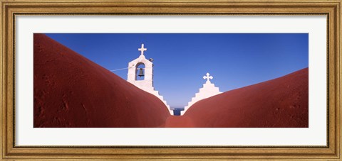 Framed Low angle view of a bell tower of a church, Mykonos, Cyclades Islands, Greece Print