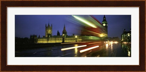 Framed England, London, Houses of Parliament, Traffic moving in the night Print