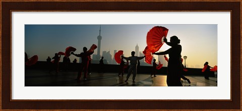 Framed Silhouette Of A Group Of People Dancing In Front Of Pudong, The Bund, Shanghai, China Print