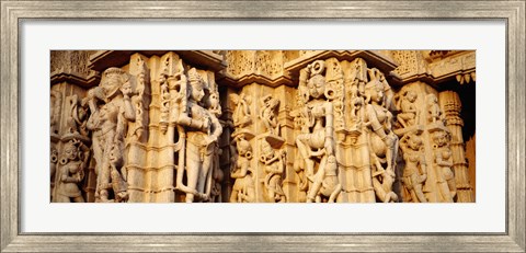 Framed Sculptures carved on a wall of a temple, Jain Temple, Ranakpur, Rajasthan, India Print
