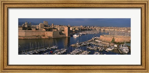 Framed High angle view of boats docked at a port, Old Port, Marseille, Bouches-Du-Rhone, Provence-Alpes-Cote Daze, France Print