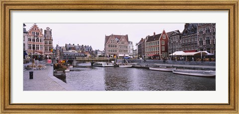 Framed Tour boats docked at a harbor, Leie River, Graslei, Ghent, Belgium Print