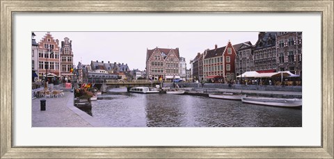 Framed Tour boats docked at a harbor, Leie River, Graslei, Ghent, Belgium Print