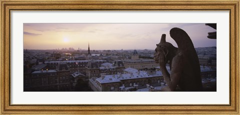 Framed Chimera sculpture with a cityscape in the background, Galerie Des Chimeres, Notre Dame, Paris, Ile-De-France, France Print