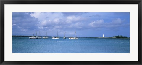 Framed Boats in the sea with a lighthouse in the background, Nassau Harbour Lighthouse, Nassau, Bahamas Print