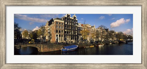 Framed Boats and Buildings along a canal, Amsterdam, Netherlands Print