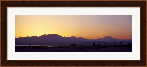 Framed Silhouette of a golf course with Sinai Mountains in the background, The Cascades Golf &amp; Country Club, Soma Bay, Hurghada, Egypt Print