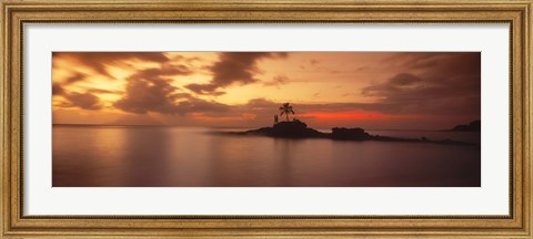 Framed Silhouette of a palm tree on an island at sunset, Anse Severe, La Digue Island, Seychelles Print