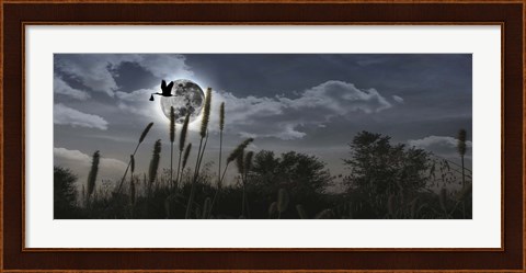 Framed Stork flying with baby in beak over moon Print