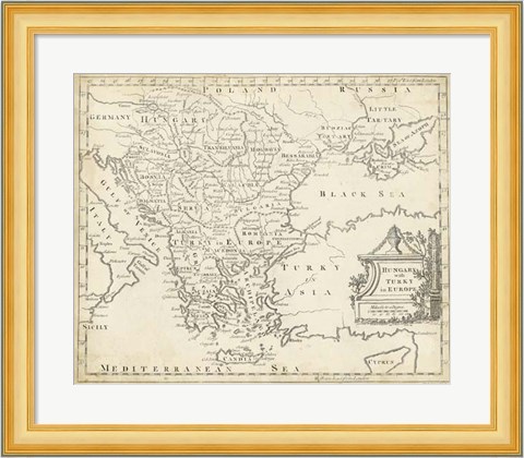 Framed Map of Hungary &amp; Turkey in Europe Print