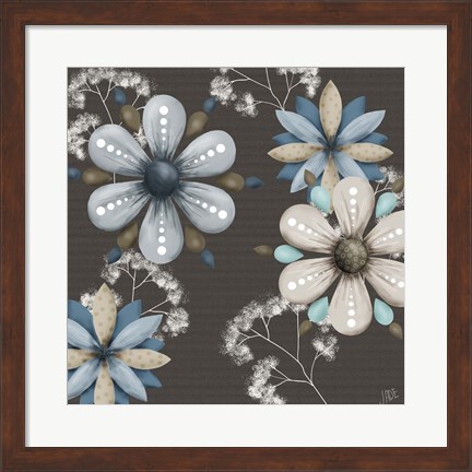 Framed Blue Floral on Sepia I Print
