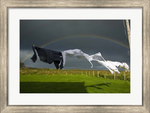 Framed Rainbow, Stormy Sky and Clothes Line, Bunmahon, County Waterford, Ireland Print