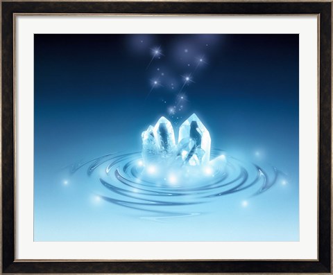 Framed Clear faceted quartz and stars rising from water ripples Print