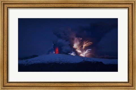 Framed Erupting Volcano at Night, Eyjafjallajokull, Iceland Print