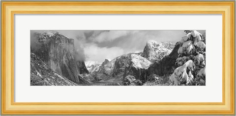 Framed Black and white view of Mountains and waterfall in snow, El Capitan, Yosemite National Park, California Print