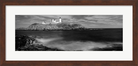 Framed Nubble Lighthouse in black and white, Cape Neddick, Maine Print