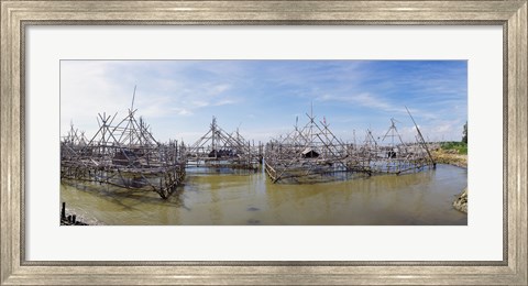 Framed Fishing platforms along coast of Madura Island, Indonesia Print
