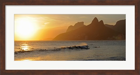 Framed Surfers at sunset on Ipanema Beach, Rio De Janeiro, Brazil Print