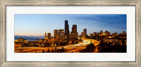 Framed Skyscrapers lit up at dusk in a city, Seattle, King County, Washington State, USA 2013 Print