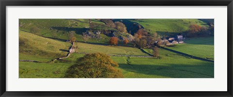 Framed High angle view of a village in valley, Dove Dale, White Peak, Peak District National Park, Derbyshire, England Print
