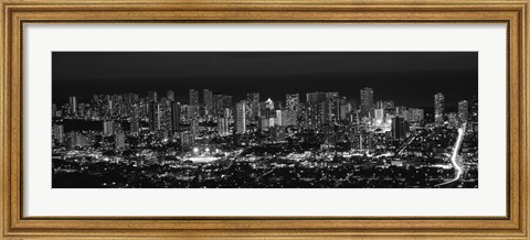 Framed High angle view of a city lit up at night, Honolulu, Oahu, Honolulu County, Hawaii (black and white) Print