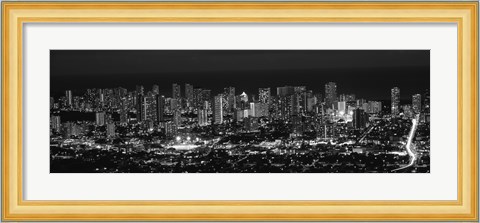Framed High angle view of a city lit up at night, Honolulu, Oahu, Honolulu County, Hawaii (black and white) Print