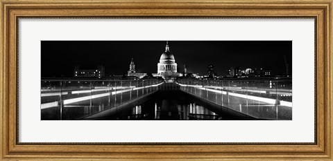 Framed Bridge lit up at night, London Millennium Footbridge, St. Paul&#39;s Cathedral, Thames River, London, England Print