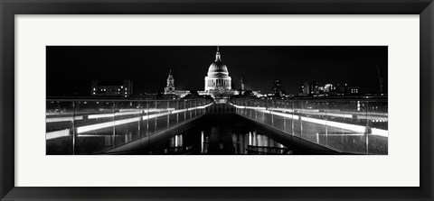 Framed Bridge lit up at night, London Millennium Footbridge, St. Paul&#39;s Cathedral, Thames River, London, England Print