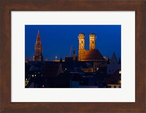Framed Town hall with a church at night, Munich Cathedral, New Town Hall, Munich, Bavaria, Germany Print