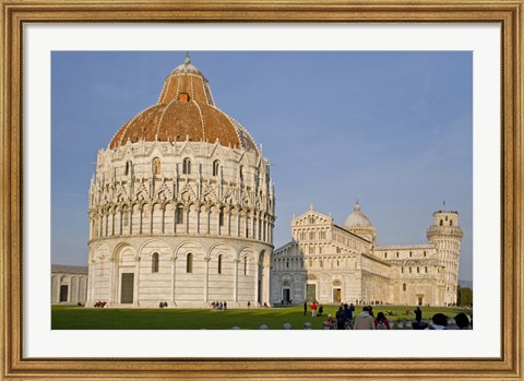 Framed Tourists at baptistery with cathedral, Pisa Cathedral, Pisa Baptistry, Piazza Dei Miracoli, Pisa, Tuscany, Italy Print