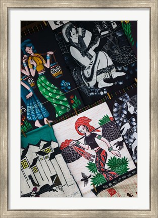 Framed Fabric items for sale at a market stall, Old Town, Dali, Yunnan Province, China Print
