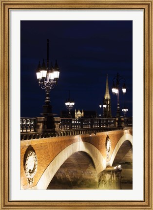 Framed Pont de Pierre bridge across Garonne River with Eglise St-Michel at dusk, Bordeaux, Gironde, Aquitaine, France Print